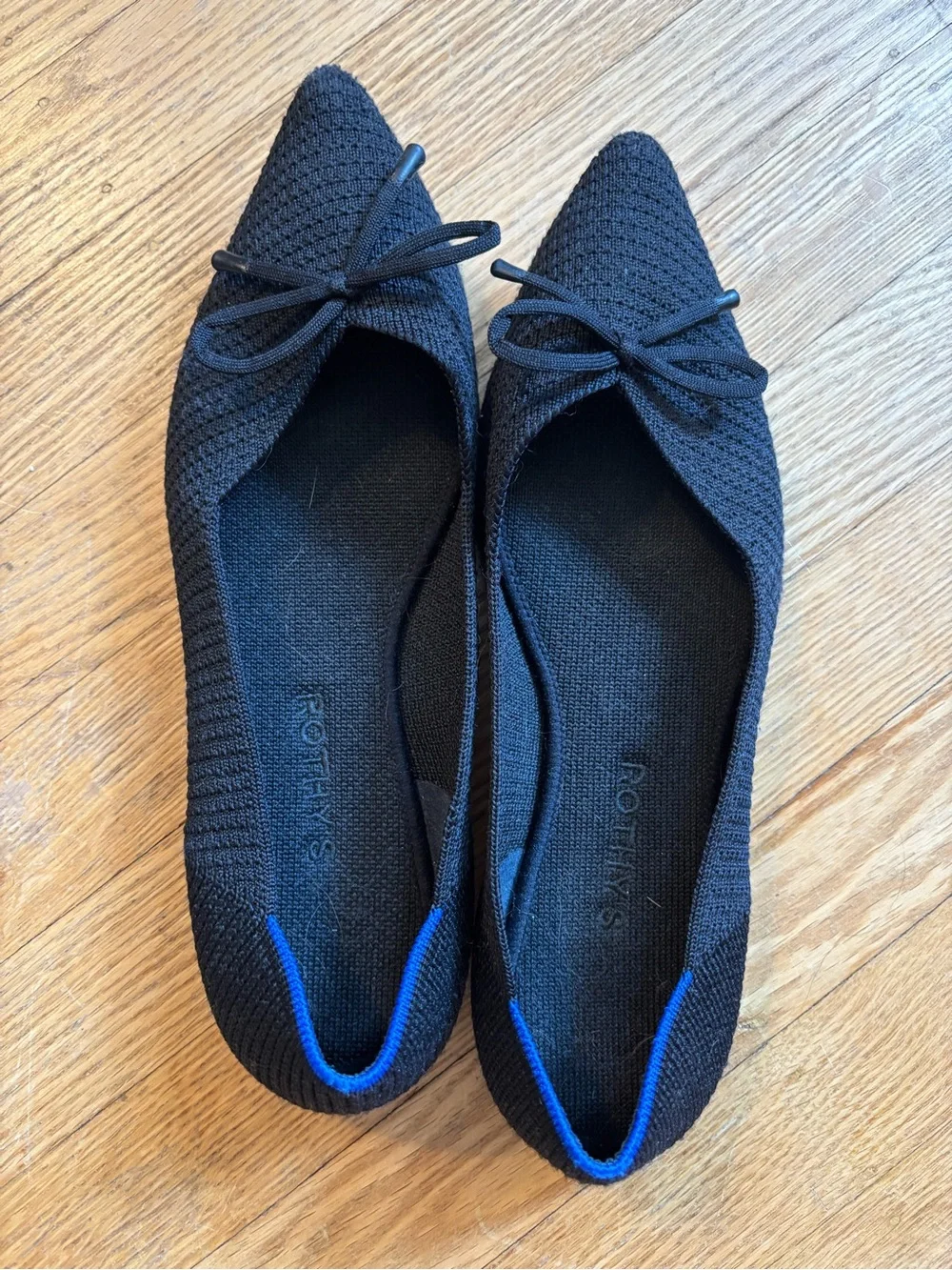 Rothy's Black Knit Pointed Bow Flats with Blue Trim - Picture 1 of 2